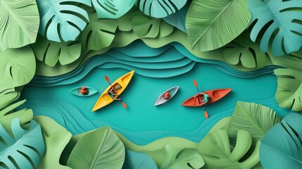 Serene Tropical Lagoon: Paper Art of Kayakers in Vivid Blues and Greens, Perfect for Travel and Adventure Water Sports Concepts, Generative Ai