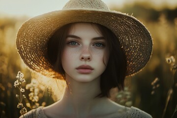 Portrait of a young woman wearing a straw hat in a field