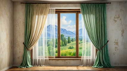 A window with green and beige curtains, looking out onto a green field with mountains in the distance.