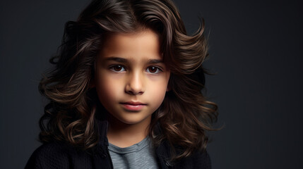 Fototapeta premium Portrait of a cute happy Hispanic Latino boy child with long hair and perfect skin, gray background, banner.