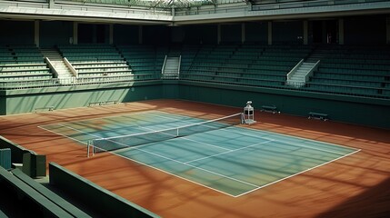 Empty tennis court with seating around, sunlight.