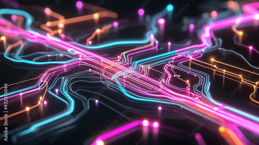 Poster futuristic 3d open map with glowing travel routes on dark background with neon lights - high-tech tr