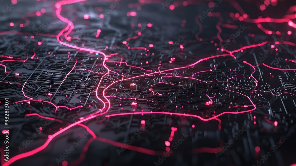 Poster illuminated 3d open map with glowing travel routes in futuristic setting on dark background - high-t
