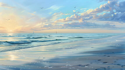 Obraz premium Serene Shoreline at Dawn: Footprints, Seagulls, and Sailboats Embellish a Tranquil Coastal Morning
