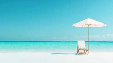 Serene 3D Beach Setting with Umbrella and Lounge Chair on Secluded Island - Tropical Vacation Concept with Copy Space., Generative Ai