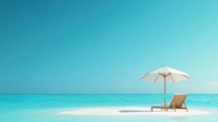 Relaxing 3D Tropical Getaway: Beach Umbrella and Lounge Chair on Secluded Island with Clear Blue Sky Copy Space, Generative Ai