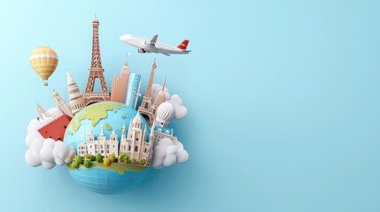 Explore the World - 3D Globe with Famous Landmarks Emerging, Sky Background with Soft Clouds and Copy Space for Travel Concept, Generative Ai