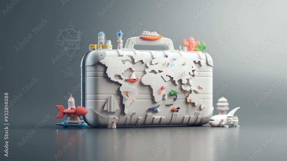 Poster global adventure awaits - 3d suitcase with world map projection on soft focus background, travel con