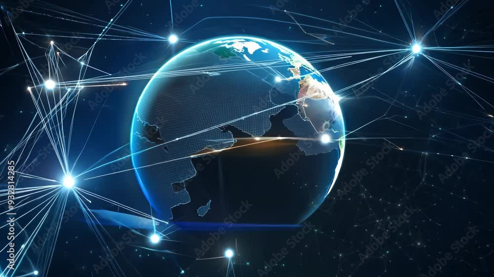 Aufkleber global view of earth with digital lines connecting regions in a cosmic setting