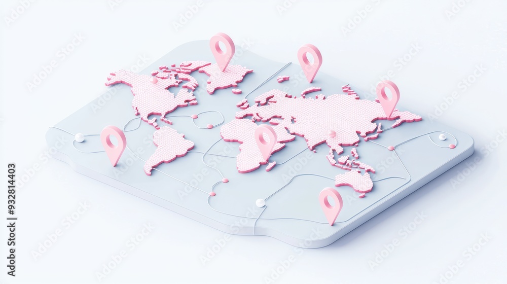 Poster global travel planning: 3d isometric world map with destination pins and space for text, exploring t