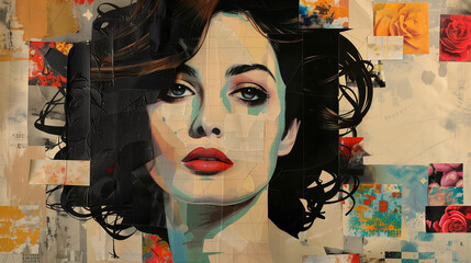 Modern pop art portrait of beautiful woman with dark brown hair contemporary paper collage. Retro vintage concept