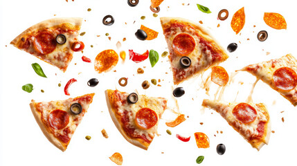 “Pizza slices flying through the air, isolated on a white background. The scene features delicious pepperoni pizza slices with melting cheese, along with pepperonis and olives, 