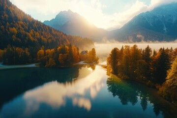 Obraz premium Lake surrounded by trees and mountains