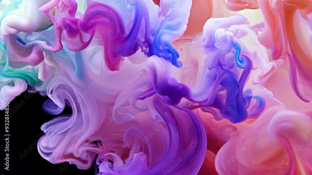 Poster colorful ink swirls mix in water creating mesmerizing patterns in slow motion
