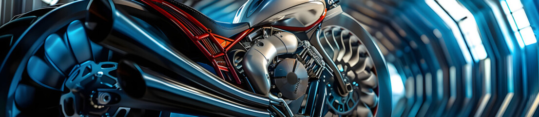 Universal modern concept design speed motorcycle display on showroom or garage bike with benchmark infographic information turbine or electric engine as wide banner with copy space area, universal mod