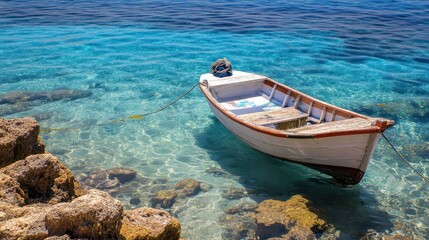 Fototapeta premium White Rowboat in Clear Turquoise Water
