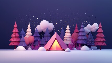 Obraz premium Tranquil 3D Camping Tent in Enchanted Forest - Stargazing Under Starry Night Sky, Outdoor Adventure and Travel Concept with Copy Space, Generative Ai