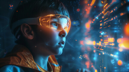 Naklejka premium Young Boy Immersed in Futuristic Virtual Reality Experience with Neon Lights