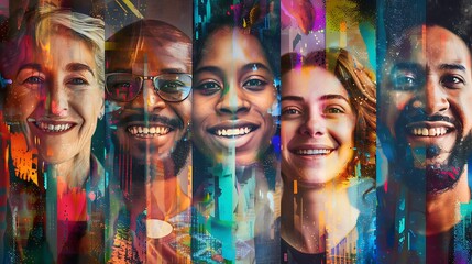A vibrant collage of portraits featuring people of various ages, genders, and ethnicities, all smiling and looking forward, with a colorful, abstract background that highlights diversity. 8k 