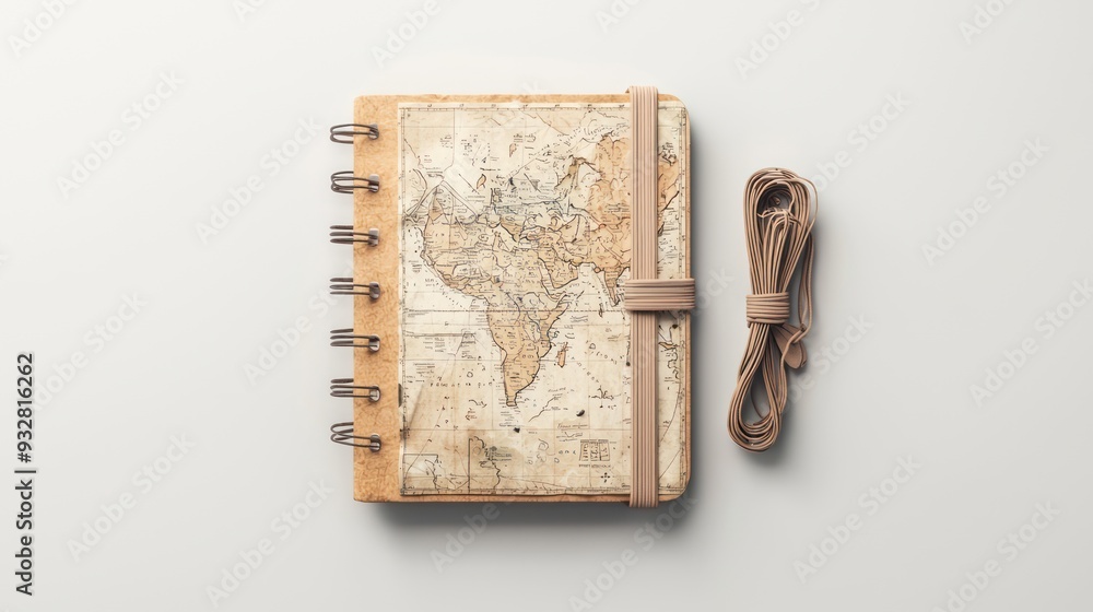 Poster journey beyond borders: 3d traveler's notebook with maps and sketches on neutral background, creativ