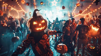Lively Halloween party with costumed people and glowing Jack-o'-lanterns under string lights, creating a festive autumn atmosphere.