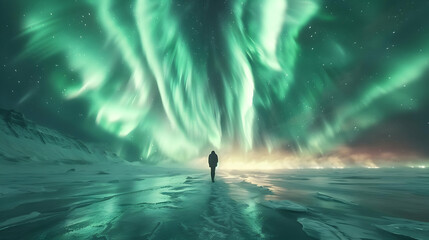 Obraz premium A Silhouette of a Person Standing Before a Green Aurora Borealis Photo