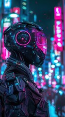 The anime character stands poised in a neon city, showcasing advanced gaming gear as colorful lights create a vibrant atmosphere