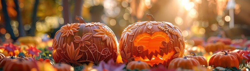 Beautifully carved pumpkins with intricate designs glowing under sunlight in a vibrant fall garden, perfect for autumn and Halloween themes.