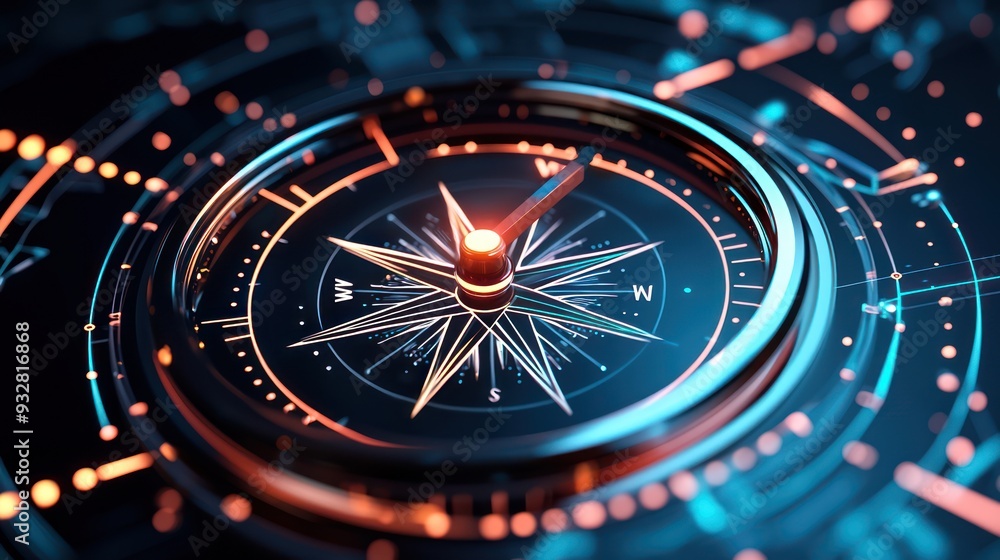 Aufkleber illuminated 3d compass on dark background for travel and navigation concepts, generative ai