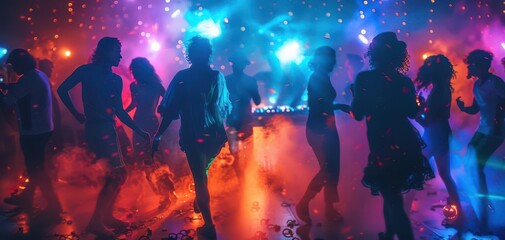 Fototapeta premium Vibrant nightclub scene with people dancing, colorful lights, and a lively atmosphere, capturing the energy of a party at night.