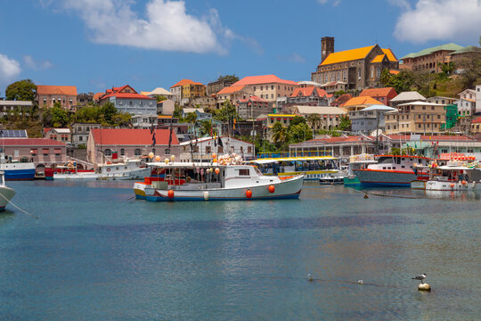 Caribbean, Grenada, St. George's. Boats in The Carenage harbor.