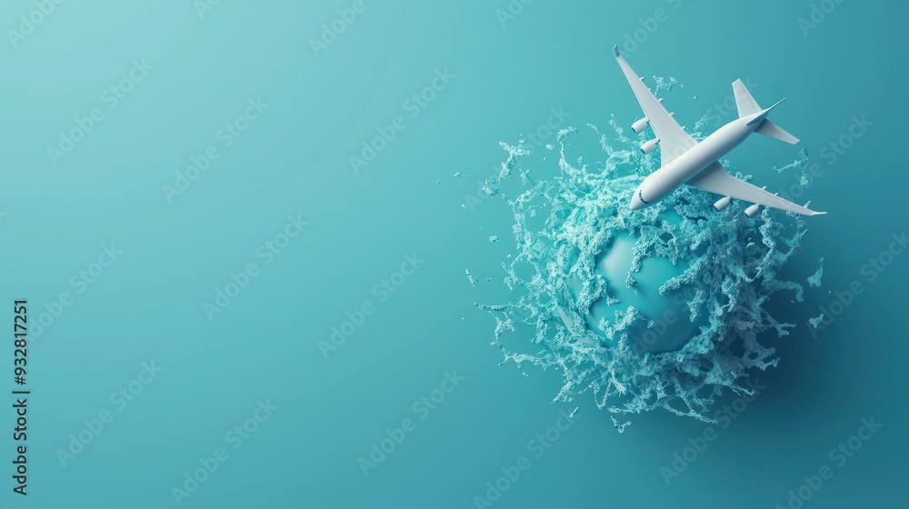 Poster Global Connectivity 3D Render: Jet Plane Creating Contrails in Shape of Earth on Deep Blue Sky Background. Ideal for Travel Concepts with Copy Space., Generative Ai