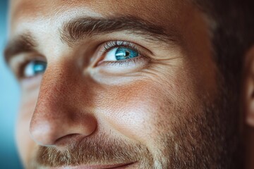 Obraz premium Close-up of man's face with focus on blue eyes and smile.