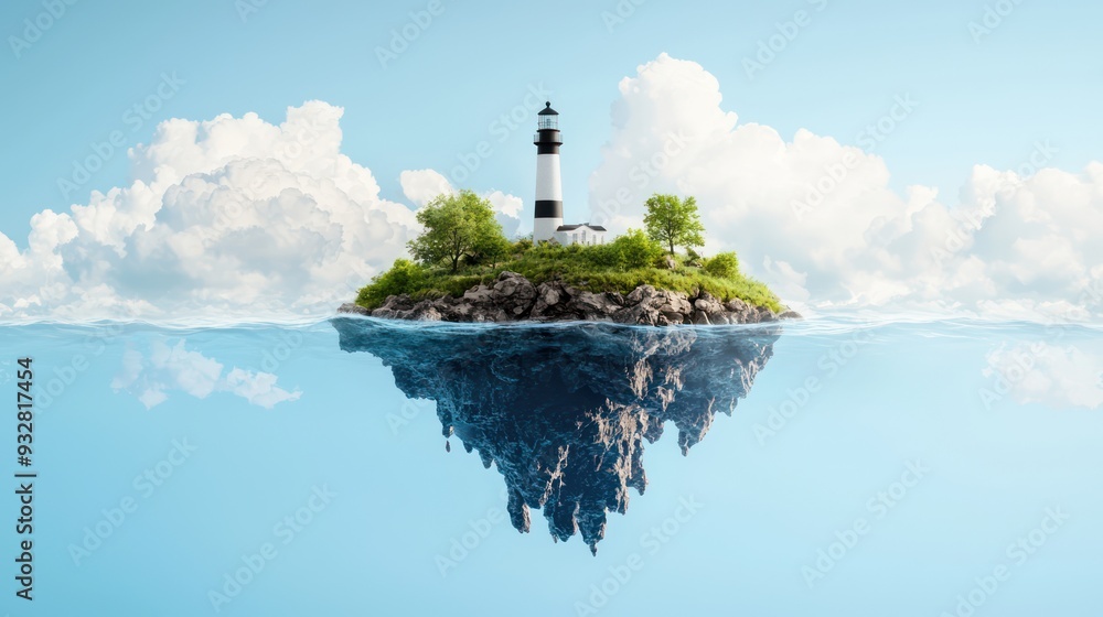 Poster tranquil 3d rendering of secluded floating island with lighthouse and clear skies - remote travel co