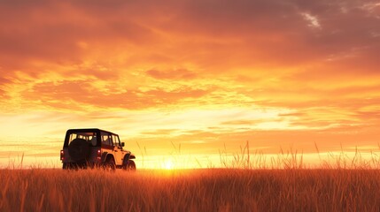 Fototapeta premium Adventure Awaits - 3D Safari Jeep in Open Savanna at Sunset with Copy Space for Travel Concept, Generative Ai