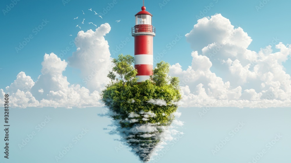 Poster serene 3d rendering of a floating island with lighthouse under clear skies â€“ remote travel concept