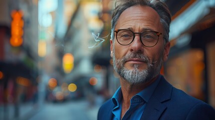 Fototapeta premium portrait of mature businessman standing on city street smoking cigarette handsome man with glasses in suit in front of office building
