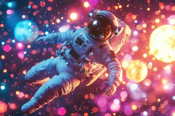 Fototapeta premium Cosmic Dance: An astronaut floats through a vibrant nebula, bathed in the ethereal glow of distant stars and planets.