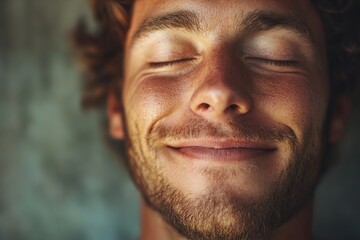 Close-up of joyful man with eyes closed and slight smile