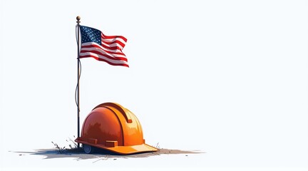 Illustration of a hard hat and US flag representing worker's day themes, ideal for labor rights events and awareness campaigns, with copy space.