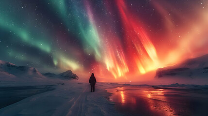 Obraz premium A Lonely Figure in the Glow of the Aurora Borealis, Illustration