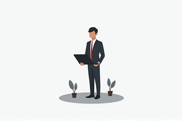 Minimalist illustration of a professional man with a laptop, ideal for office-related design or worker condition themes, with copy space.