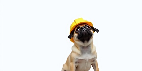 A cute pug puppy in a yellow helmet, perfect for construction-themed projects or safety campaigns, with copy space.