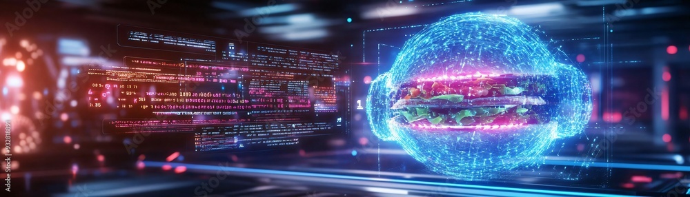 Poster futuristic digital sphere showcasing vibrant lights and intricate patterns in a high-tech environmen
