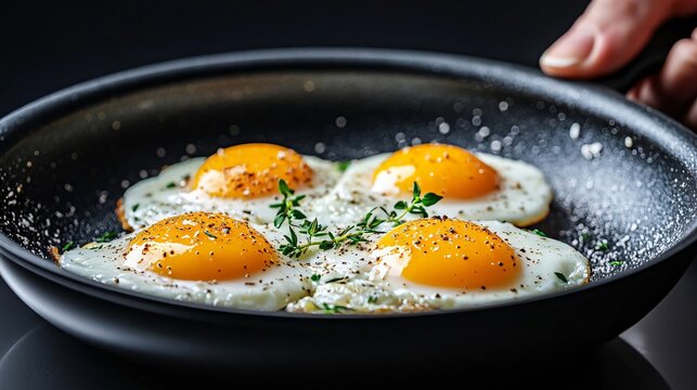 Fried eggs with vibrant yolks and fresh herbs, captured in a stylish skillet, perfect for breakfast and culinary presentations.