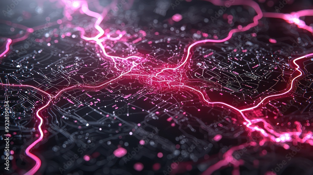 Poster digital 3d open map with glowing travel routes in futuristic neon lights on dark background - high-t