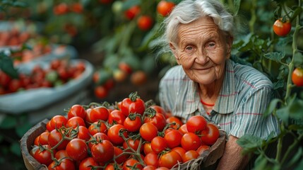 Obraz premium proud elderly woman shows off her own tomato harvest she holds ripe red tomatoes in her hands freshly picked from the garden