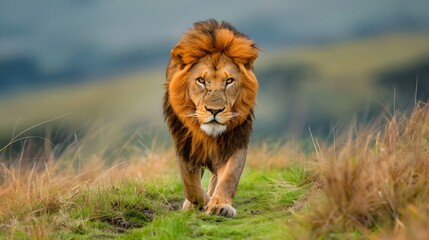 A lion walking on the grass