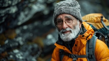 Obraz premium senior man with instructor climbing rocks outdoors in nature active lifestyle