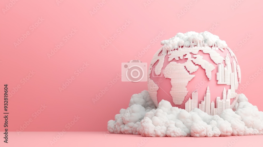 Poster exploring the world: 3d globe with famous landmarks and soft clouds background, generative ai